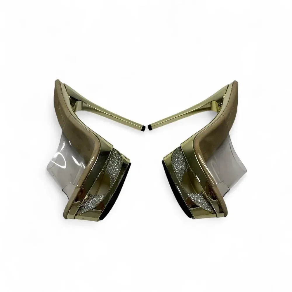 Pleaser vintage y2k Gold platform heels clear plastic straps club heels size 6